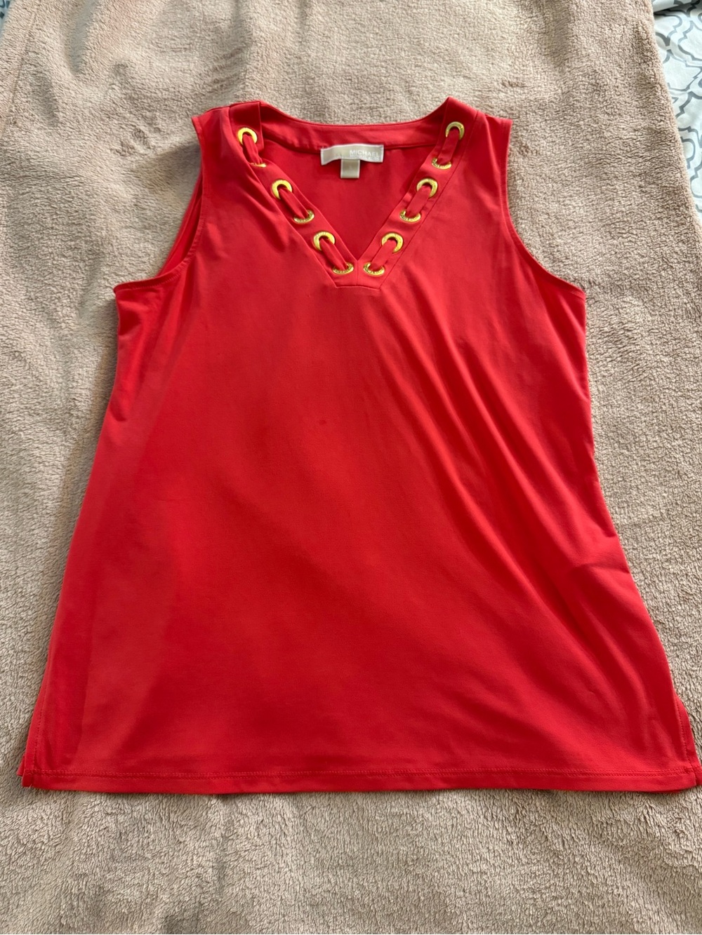 Michael Kors Red Sleeveless V-Neck Tank with Gold Eyelets